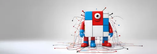 Eine lächelnde Roboterfigur mit einem rot-blau-weißen geometrischen Design steht, umgeben von Kabelleitungen, auf dem Boden.