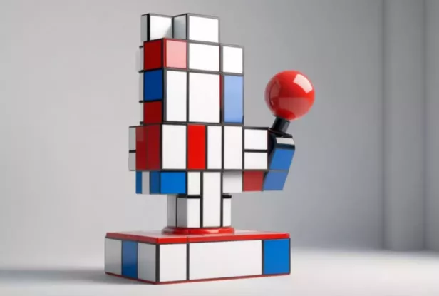 Eine geometrische Skulptur verkörpert ein blockförmiges Design in ein Raster aus weißen, roten und blauen Quadraten und Rechtecken. Sie hält eine rote Kugel, die auf einem quadratischen Sockel ruht und einem Spielautomat ähnelt.