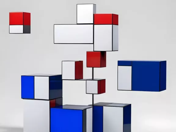 Abstrakte Komposition aus roten, blauen und weißen 3D-Blöcken, die in einem geometrischen Muster vor einem einfachen Hintergrund angeordnet sind.