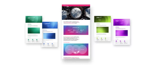 Ausschnitte aus den Webdesign Mockups für das Unternehmen Brainlab und seine Tochterunternehmen.