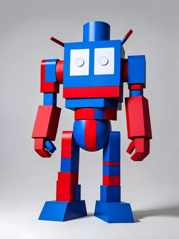 Ein farbenfroher Roboter mit blockförmigem Design, roten und blauen rechteckigen Formen und zwei großen weißen Augen steht auf einem schlichten Hintergrund.