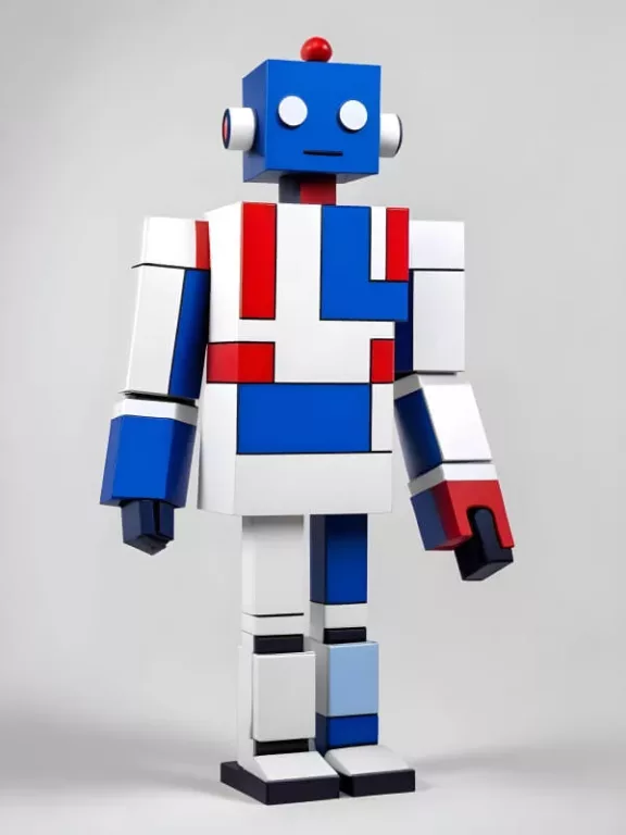 Vor einem schlichten Hintergrund steht ein klobiger Roboter in den Farben Blau, Weiß und Rot.