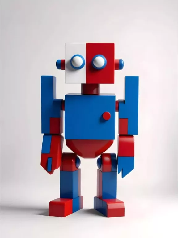 Bunter Roboter aus blockförmigen geometrischen Formen mit roten, blauen und weißen Abschnitten, der vor einem schlichten Hintergrund steht.