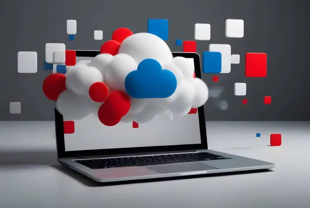 Auf einem Laptop wird eine digitale Wolke aus roten, weißen und blauen Würfeln und Kugeln angezeigt, die das Cloud-Computing symbolisiert.