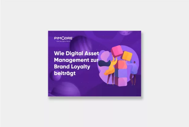 Ein violetter Flyer mit deutschem Text zum Thema digitales Asset-Management und Markentreue, auf dem zwei abstrakte menschliche Figuren bunte Blöcke stapeln.