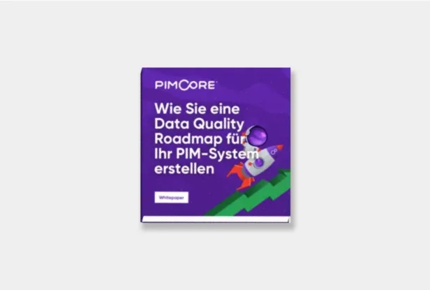 Cover eines Whitepapers mit dem Titel „Wie Sie eine Data Quality Roadmap für Ihr PIM-System erstellen“ von Pimcore mit einer Raketenillustration auf violettem Hintergrund.